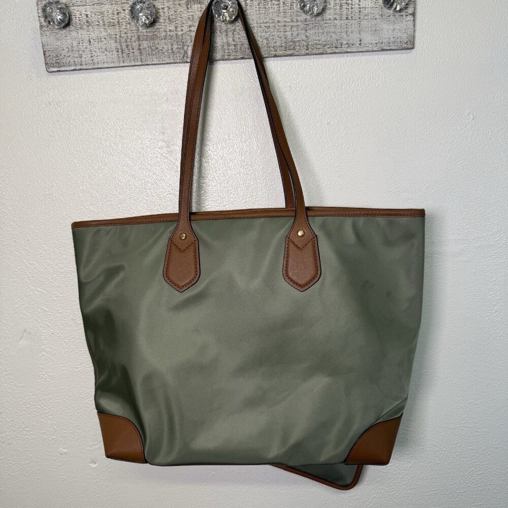 Michael Kors Eva Large Nylon Leather Tote Wh Match Pouch Army Green Timeless - Picture 2 of 16
